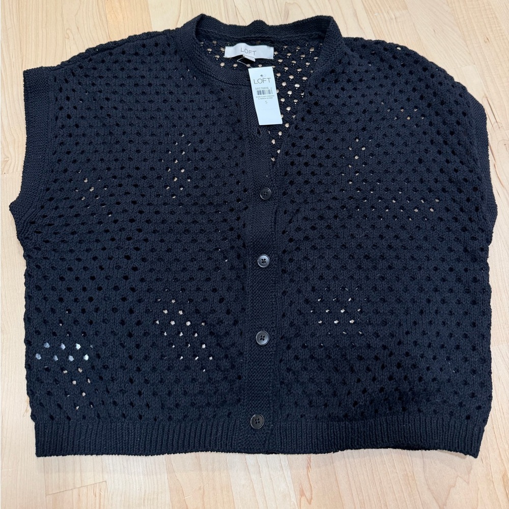 LOFT Black Open-Knit Button Front Sweater Vest